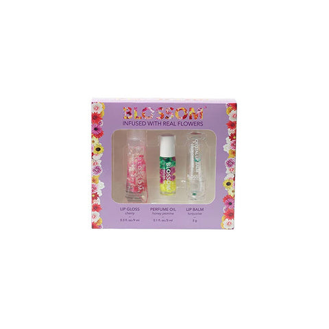 BLOSSOM MOISTURIZING LIP GLOSS, ROLL ON PERFUME OIL & COLOR CHANGE LIP BALM SET OF 3