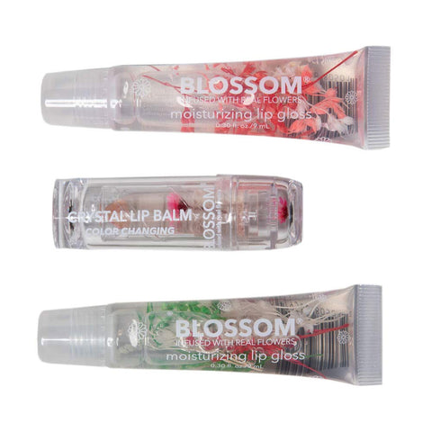 BLOSSOM MOISTURIZING LIP GLOSS TUBE & COLOR CHANGE CRYSTAL LIP BALM SET OF 3