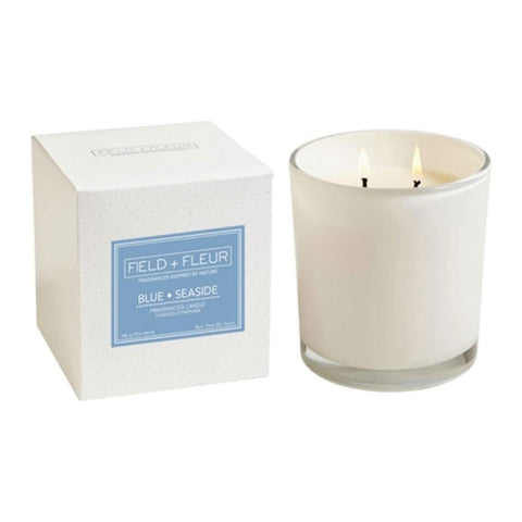 HILLHOUSE NATURALS FIELD + FLEUR 2-WICK CANDLE IN WHITE GLASS - BLUE SEASIDE