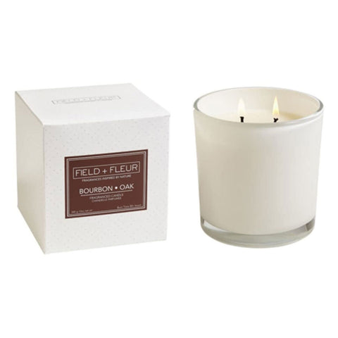 HILLHOUSE NATURALS FIELD + FLEUR 2-WICK CANDLE IN WHITE GLASS - BOURBON OAK