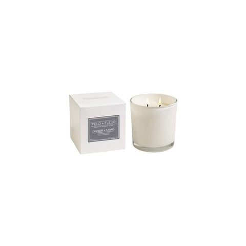 HILLHOUSE NATURALS FIELD + FLEUR 2-WICK CANDLE IN WHITE GLASS - CASHMERE FLANNEL