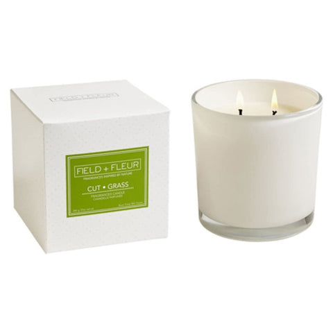 HILLHOUSE NATURALS FIELD + FLEUR 2-WICK CANDLE IN WHITE GLASS - CUT GRASS